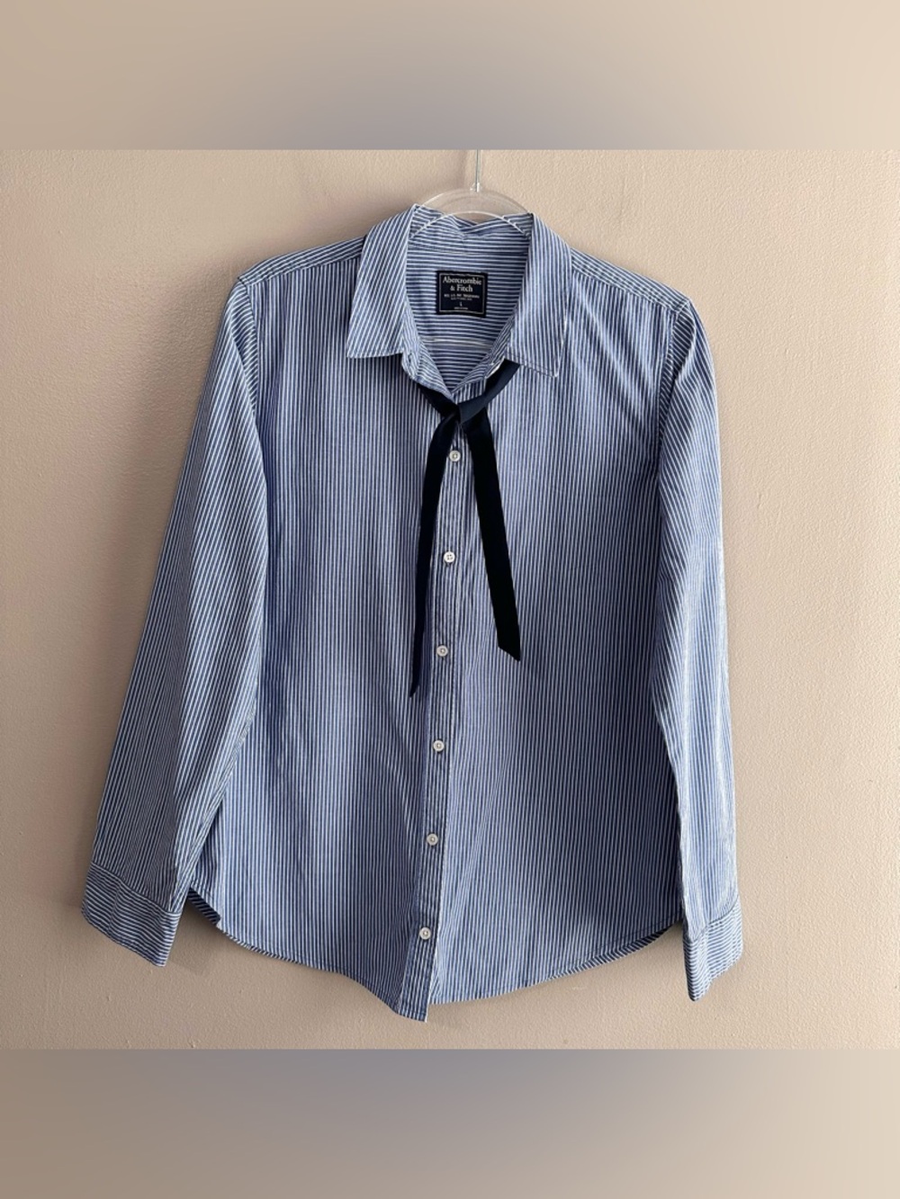 Abercrombie Blue White Oxford Pinstripe Tie Neck Buttondown Shirt Womens Large